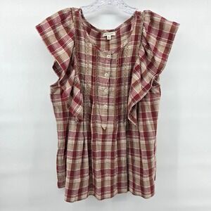 Max Studio Plaid Flutter Sleeve Top Large Brown Cotton Cottagecore Prairie Boho